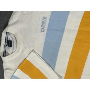 Southpole Men's Yellow and Blue Striped Short Sleeve Sweater - Size XL Y2K